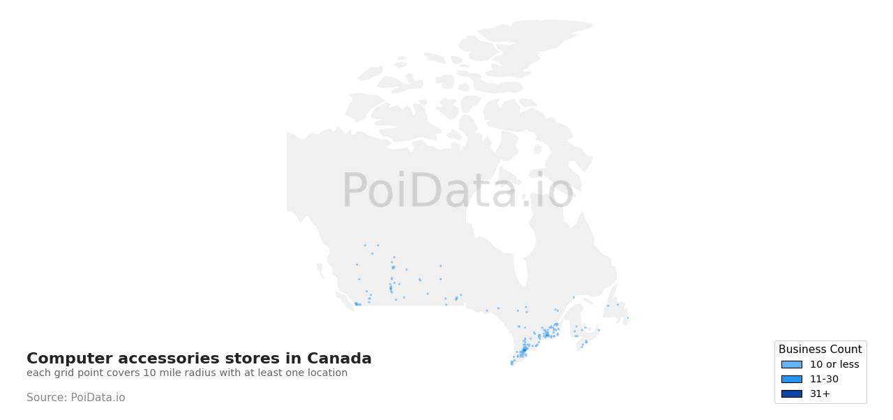 Computer accessories store density map for Canada