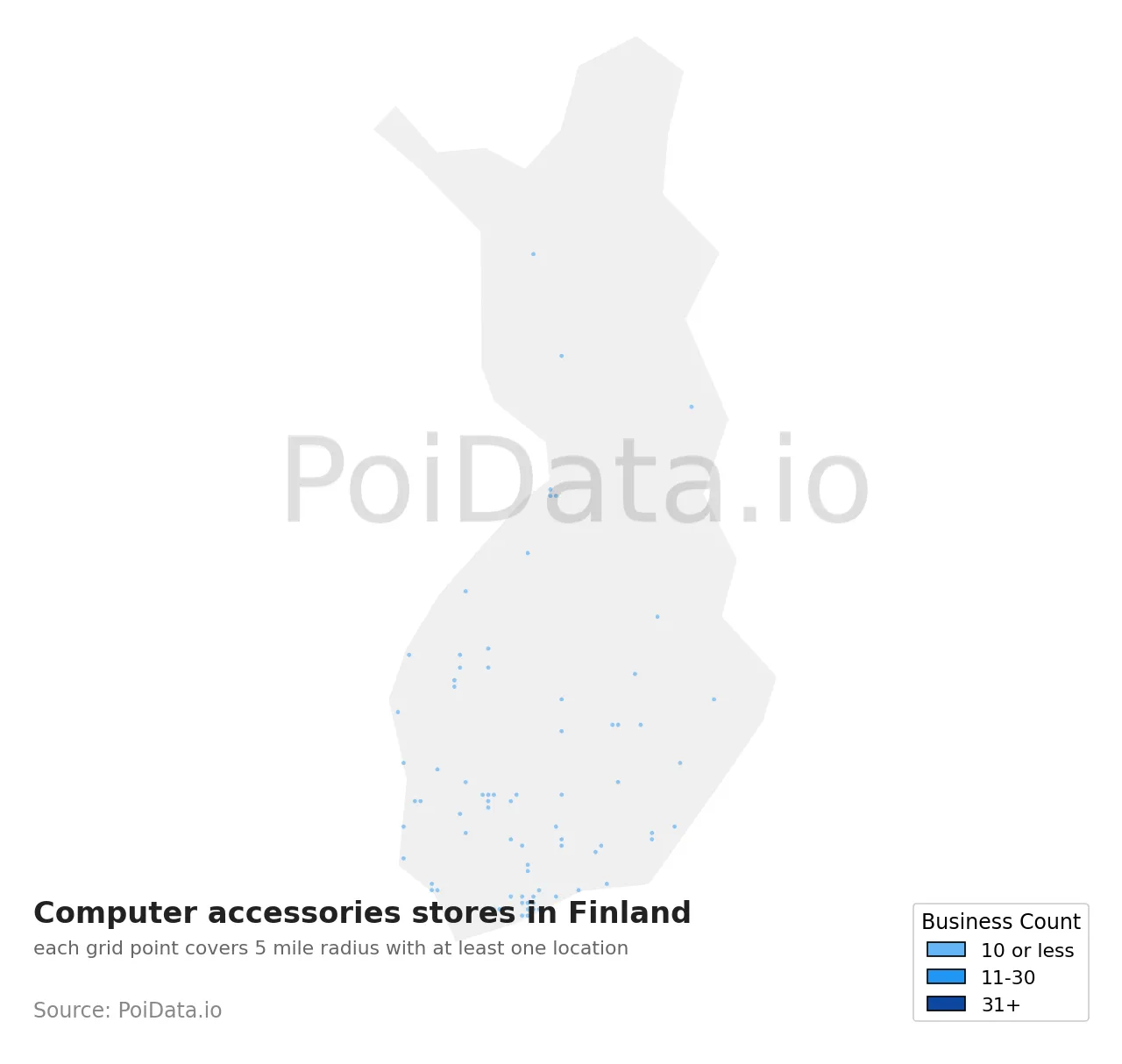 Computer accessories store density map for Finland
