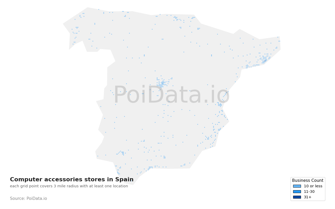 Computer accessories store density map for Spain