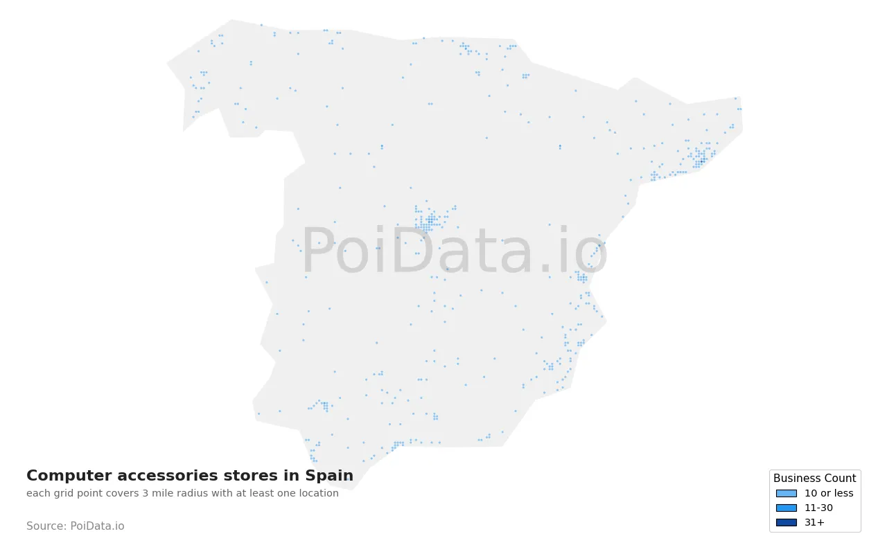 Computer accessories store density map for Spain