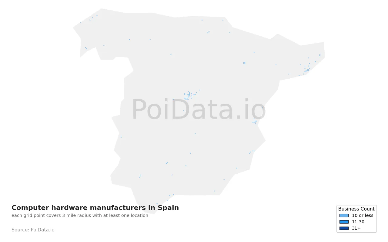 Computer hardware manufacturer density map for Spain