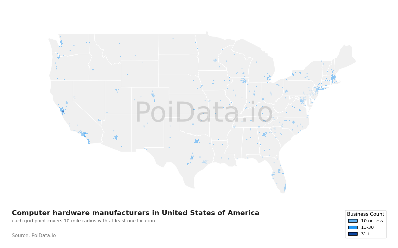 Computer hardware manufacturer density map for California, United States