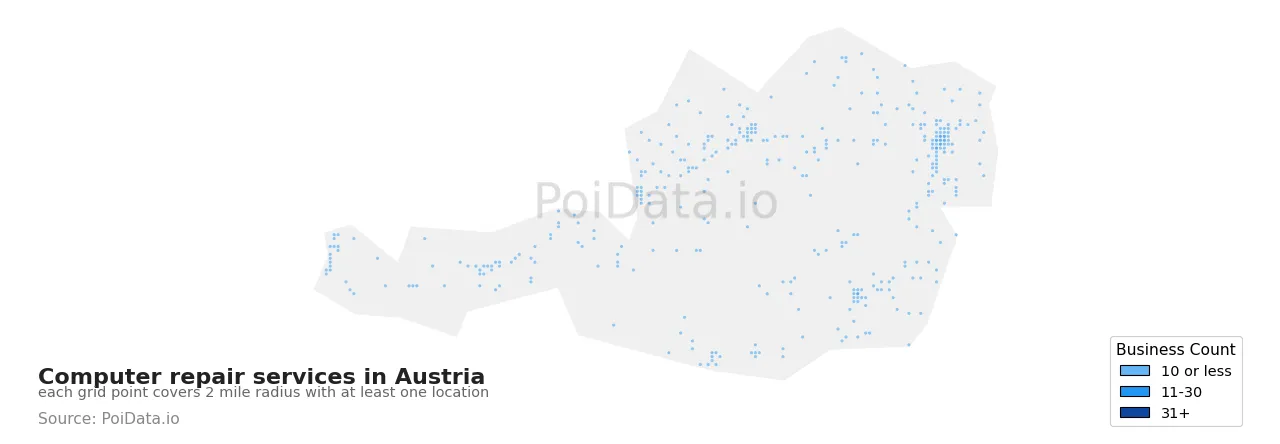 Computer repair service density map for Austria