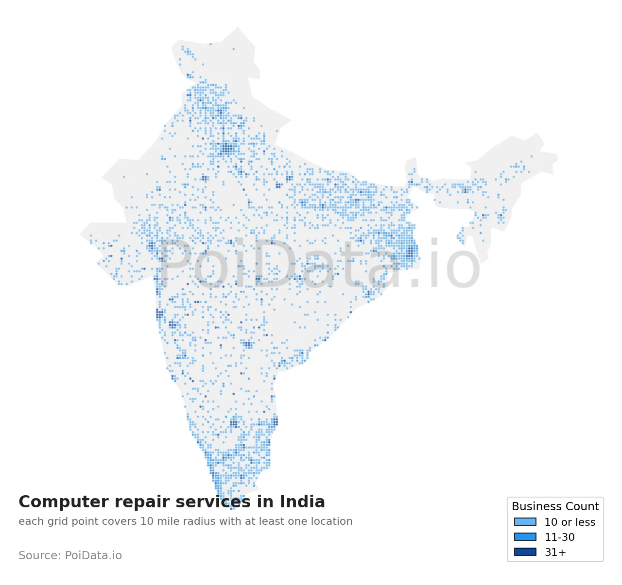Computer repair service density map for India
