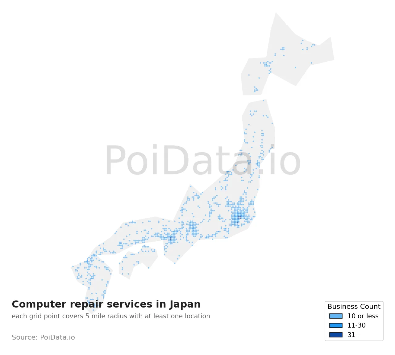 Computer repair service density map for Japan