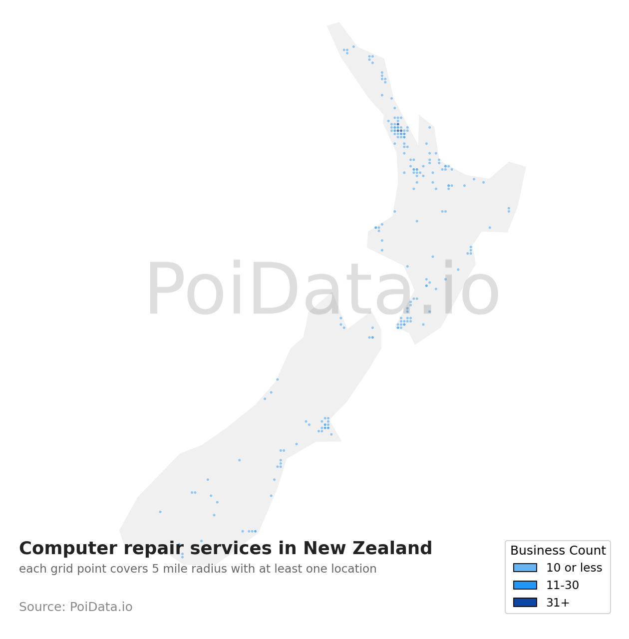 Computer repair service density map for New Zealand