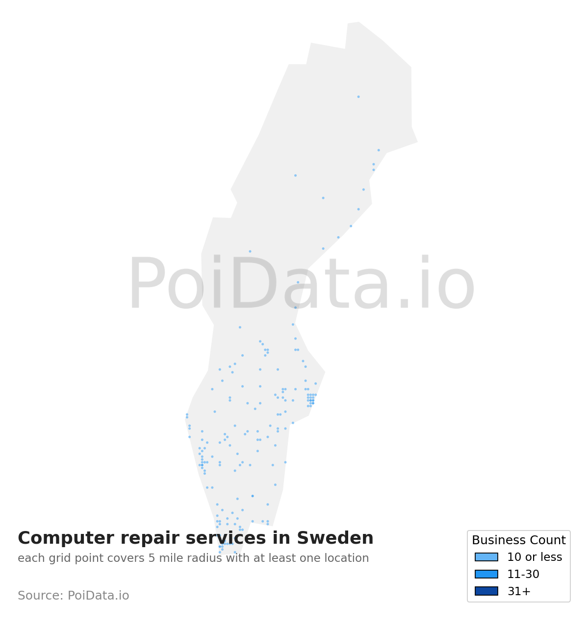 Computer repair service density map for Sweden