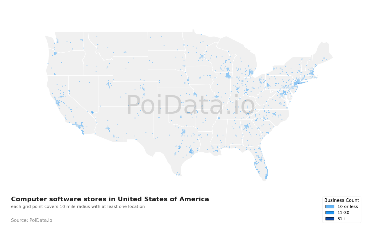 Computer software store density map for United States