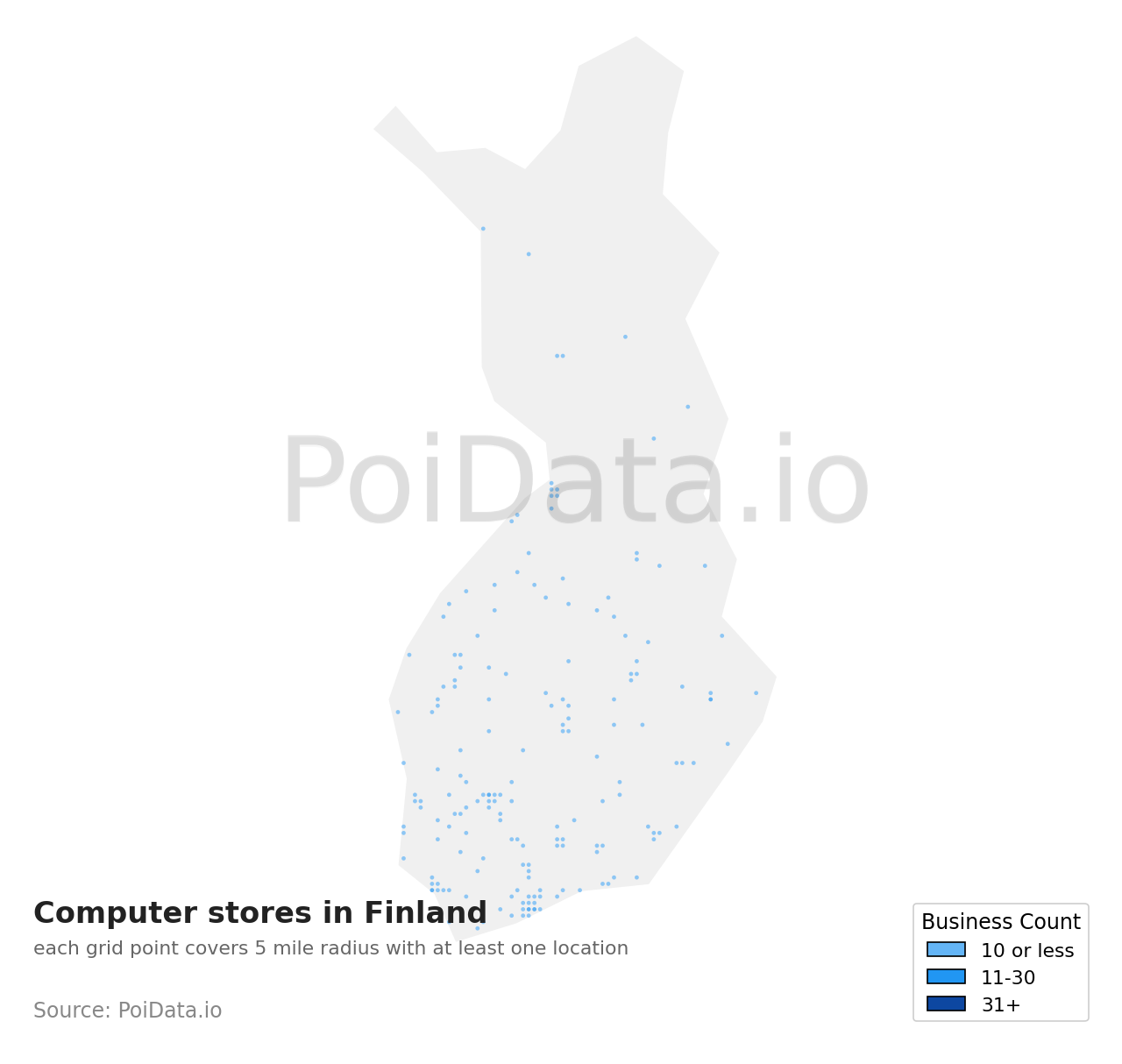 Computer store density map for Finland