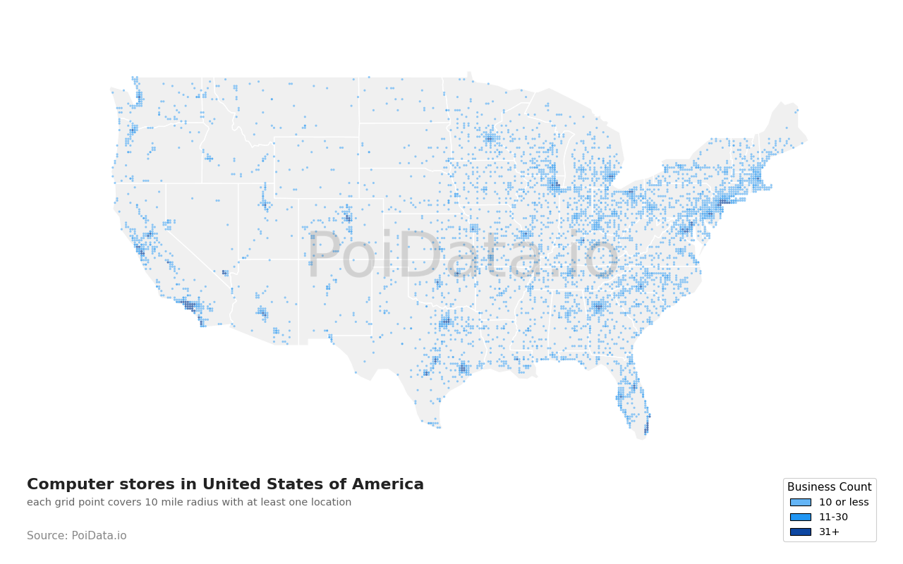 Computer store density map for United States