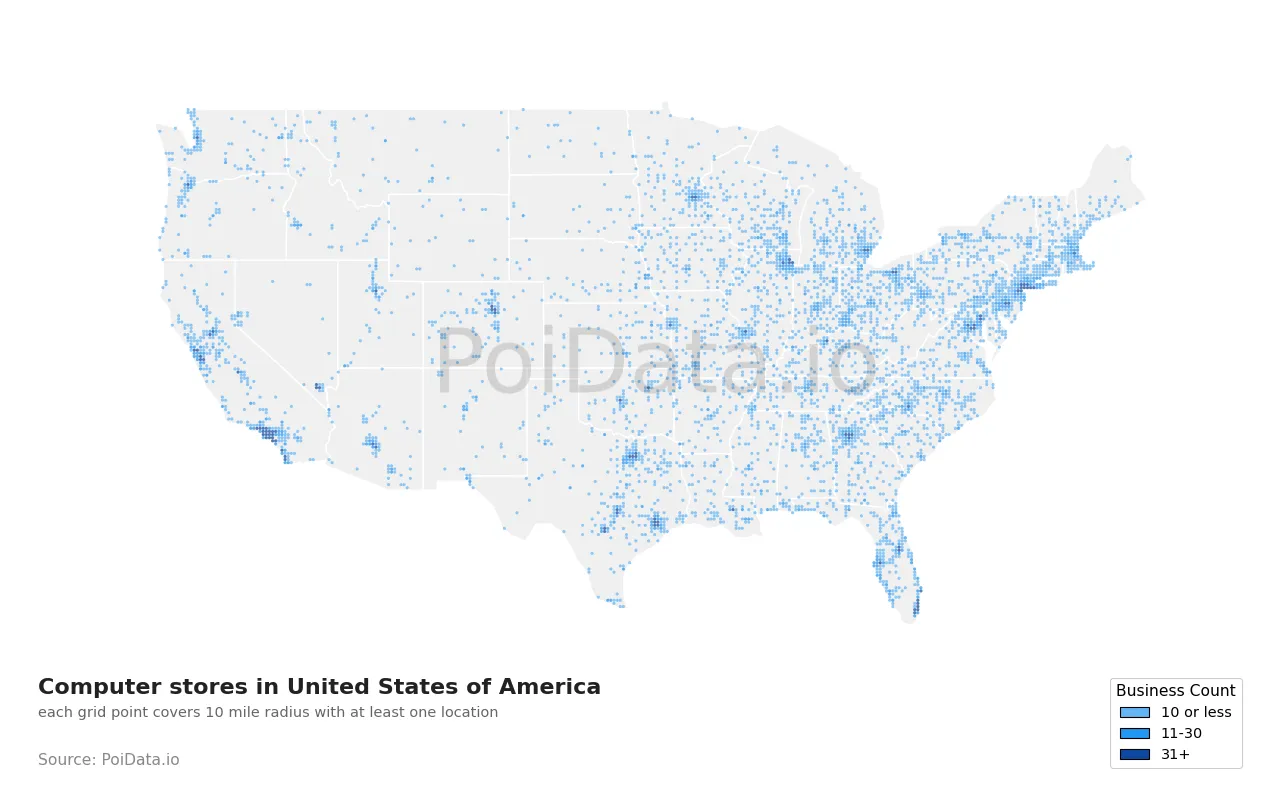 Computer store density map for United States