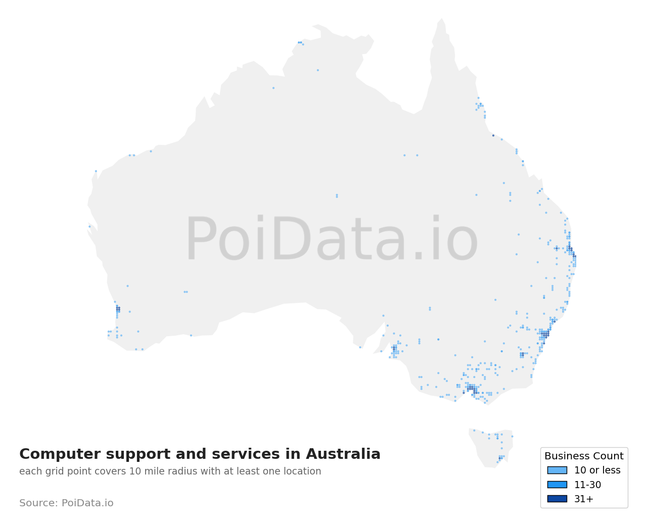 Computer support and services density map for New South Wales, Australia