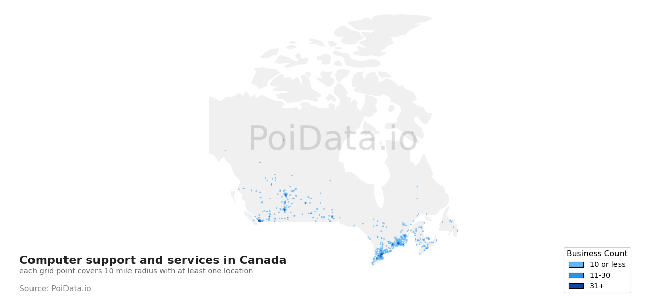 Computer support and services density map for British Columbia, Canada