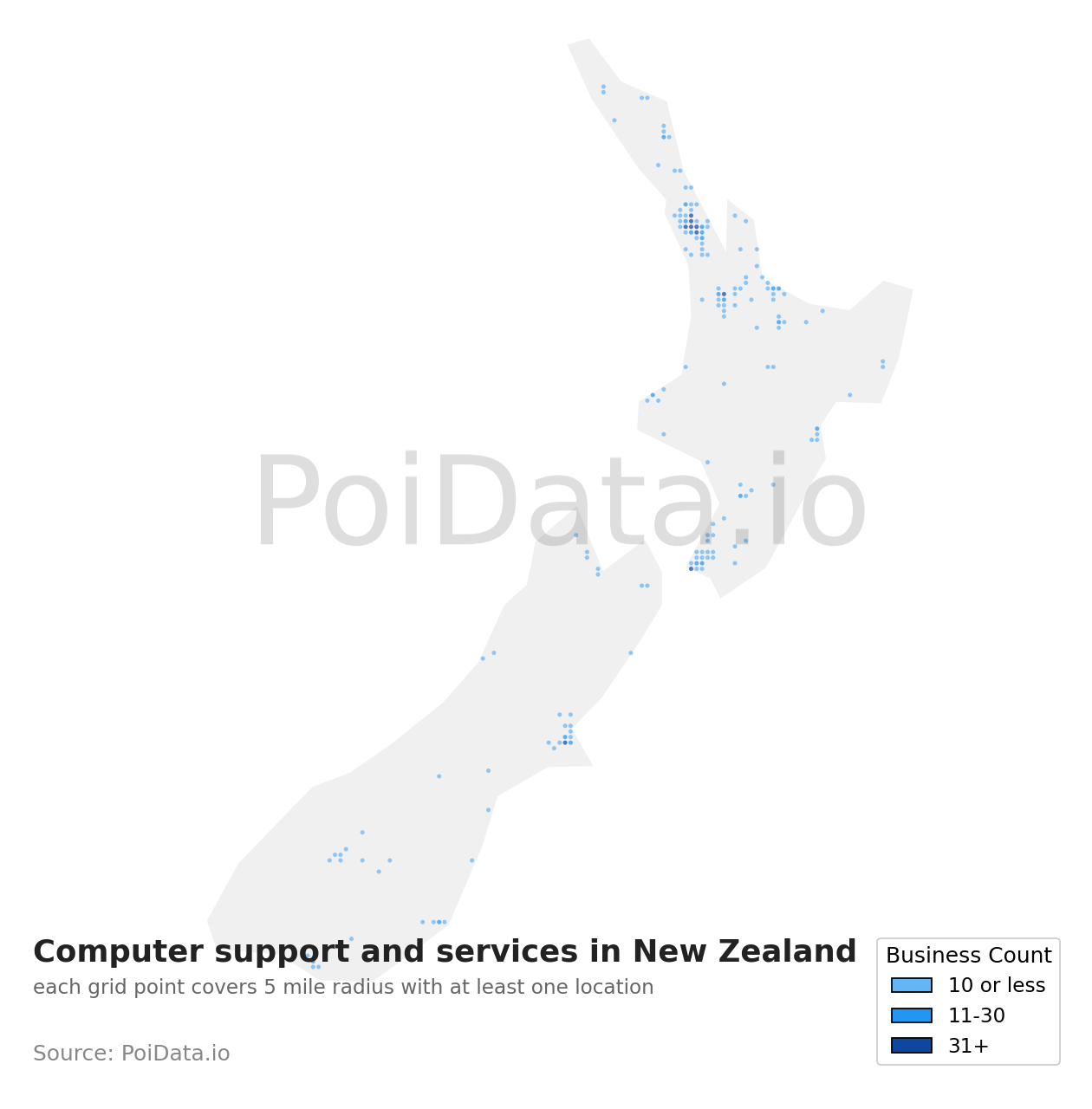 Computer support and services density map for New Zealand