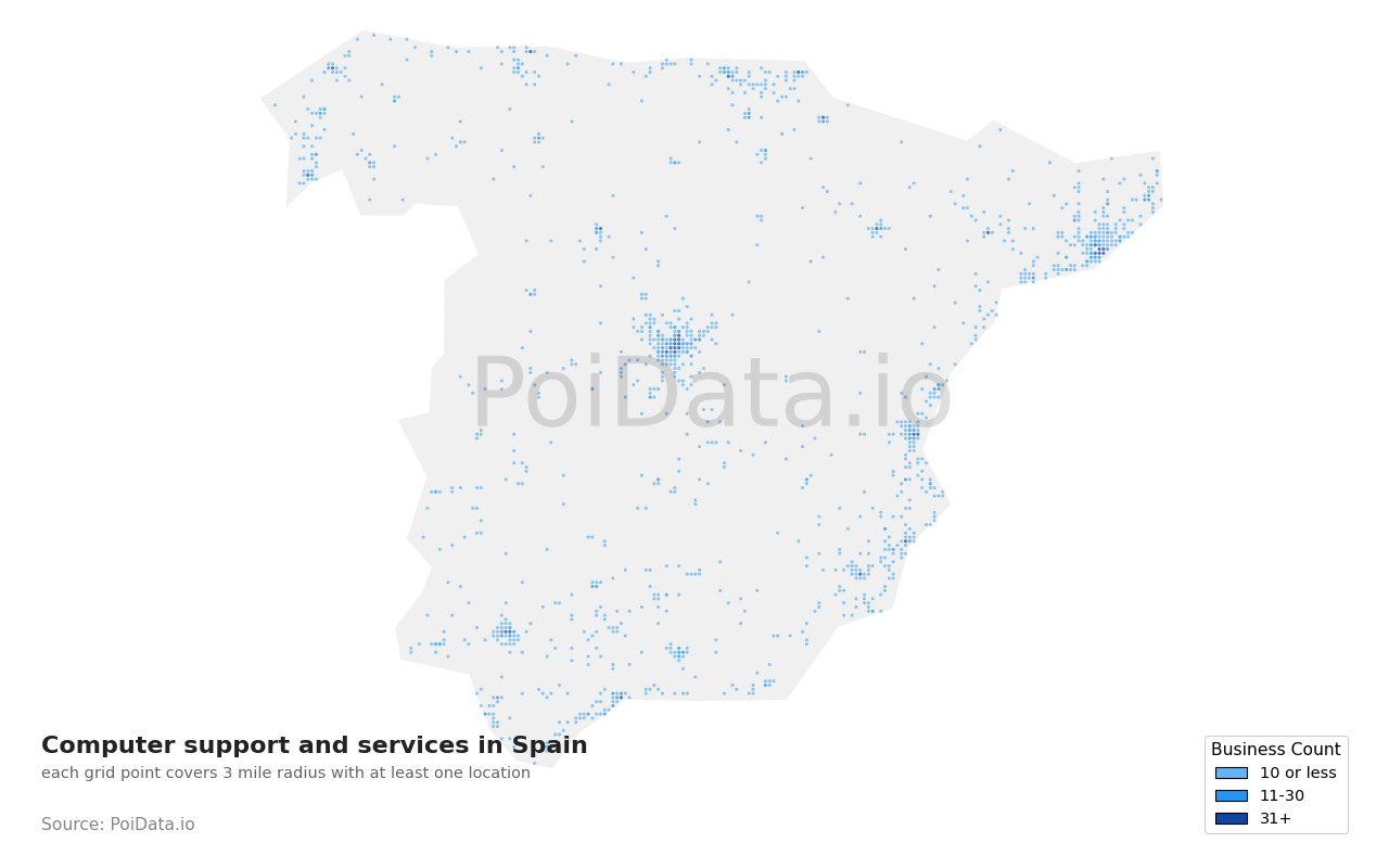 Computer support and services density map for Spain