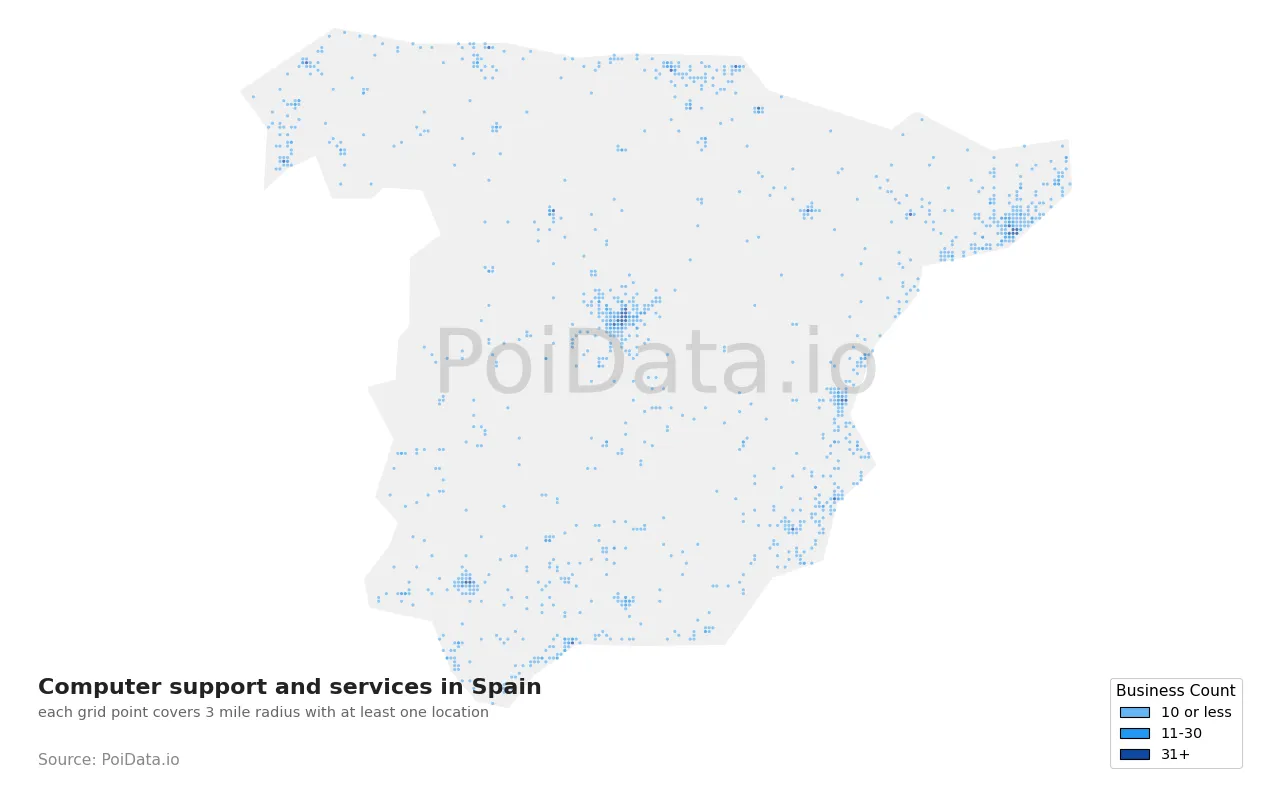 Computer support and services density map for Spain