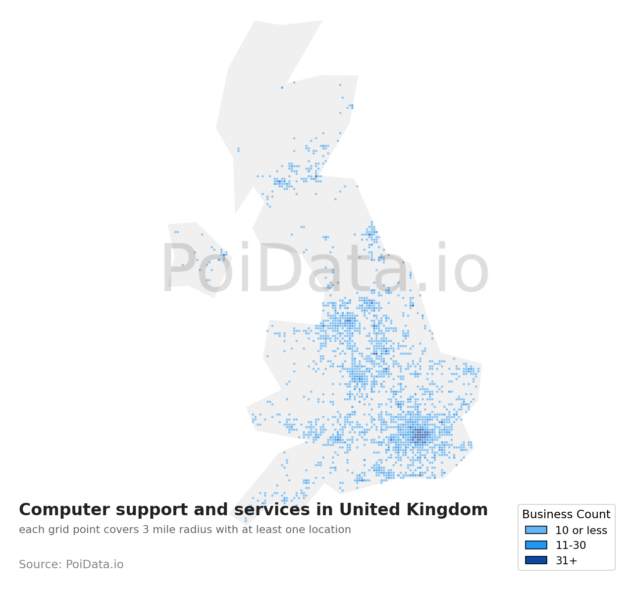 Computer support and services density map for United Kingdom