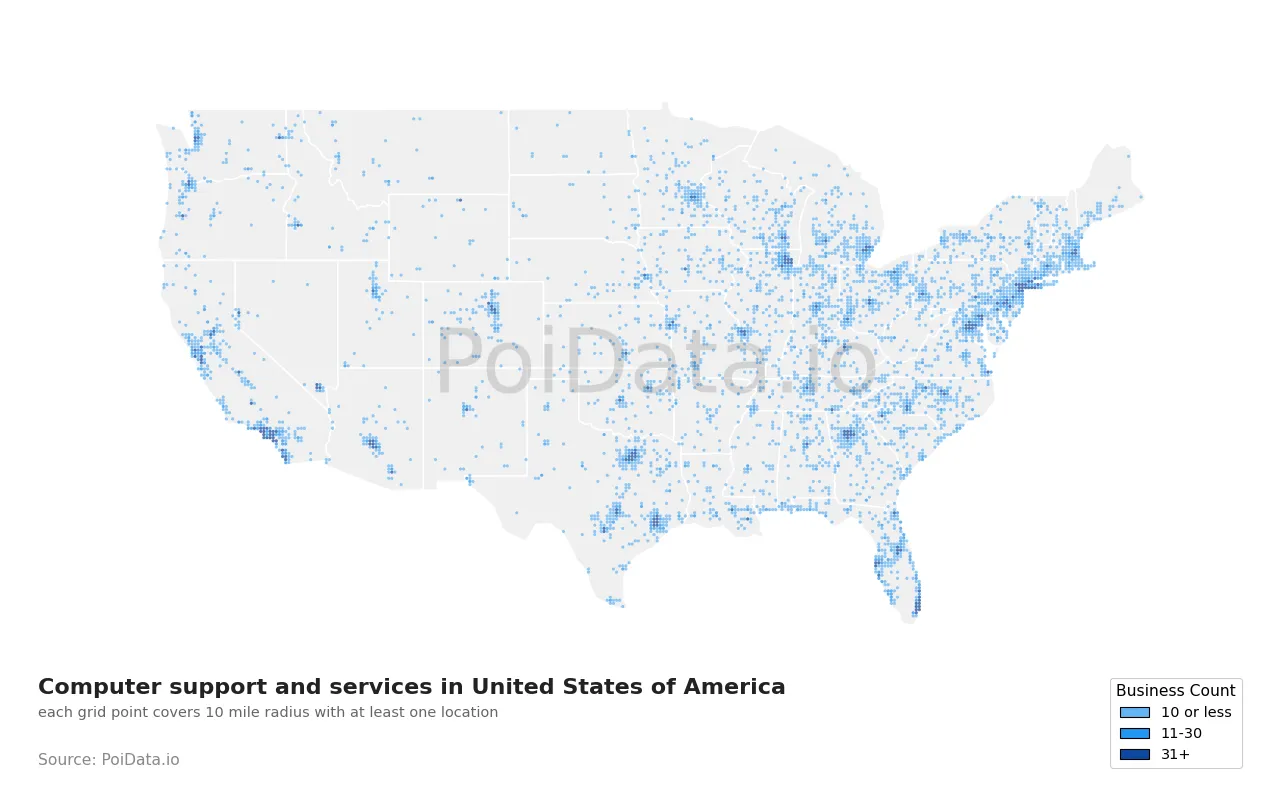 Computer support and services density map for United States