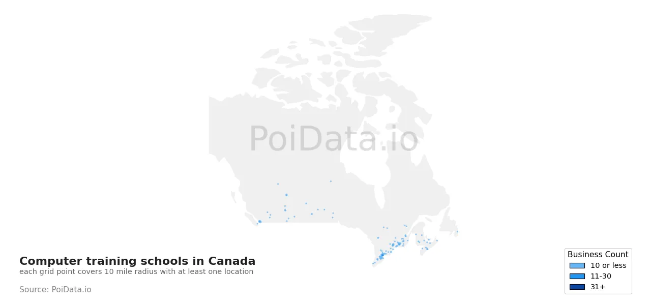 Computer training school density map for Canada
