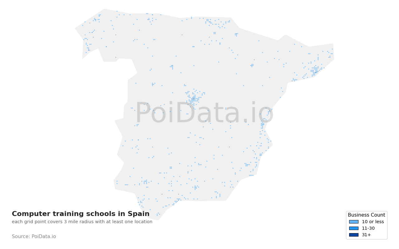 Computer training school density map for Spain