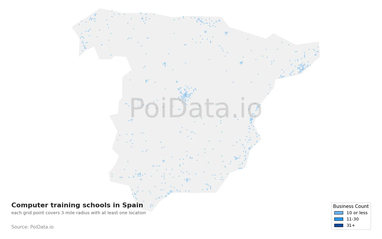 Computer training school density map for Spain