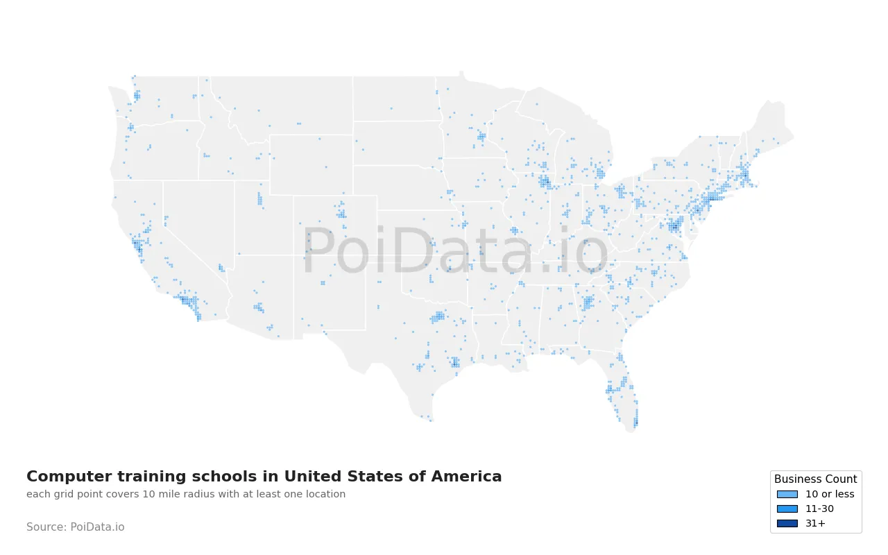 Computer training school density map for United States
