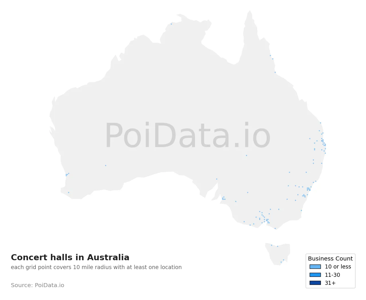 Concert hall density map for Australia