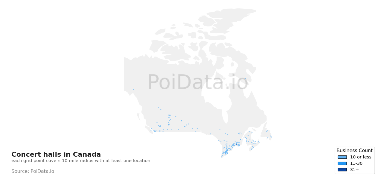 Concert hall density map for Canada