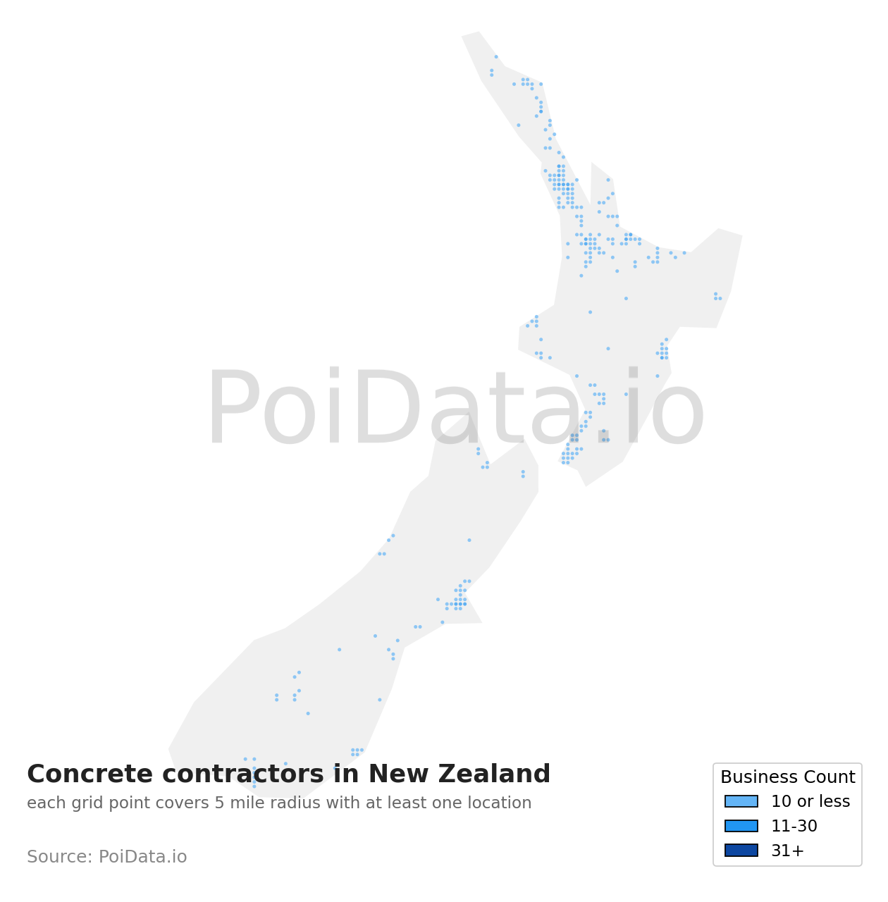 Concrete contractor density map for New Zealand