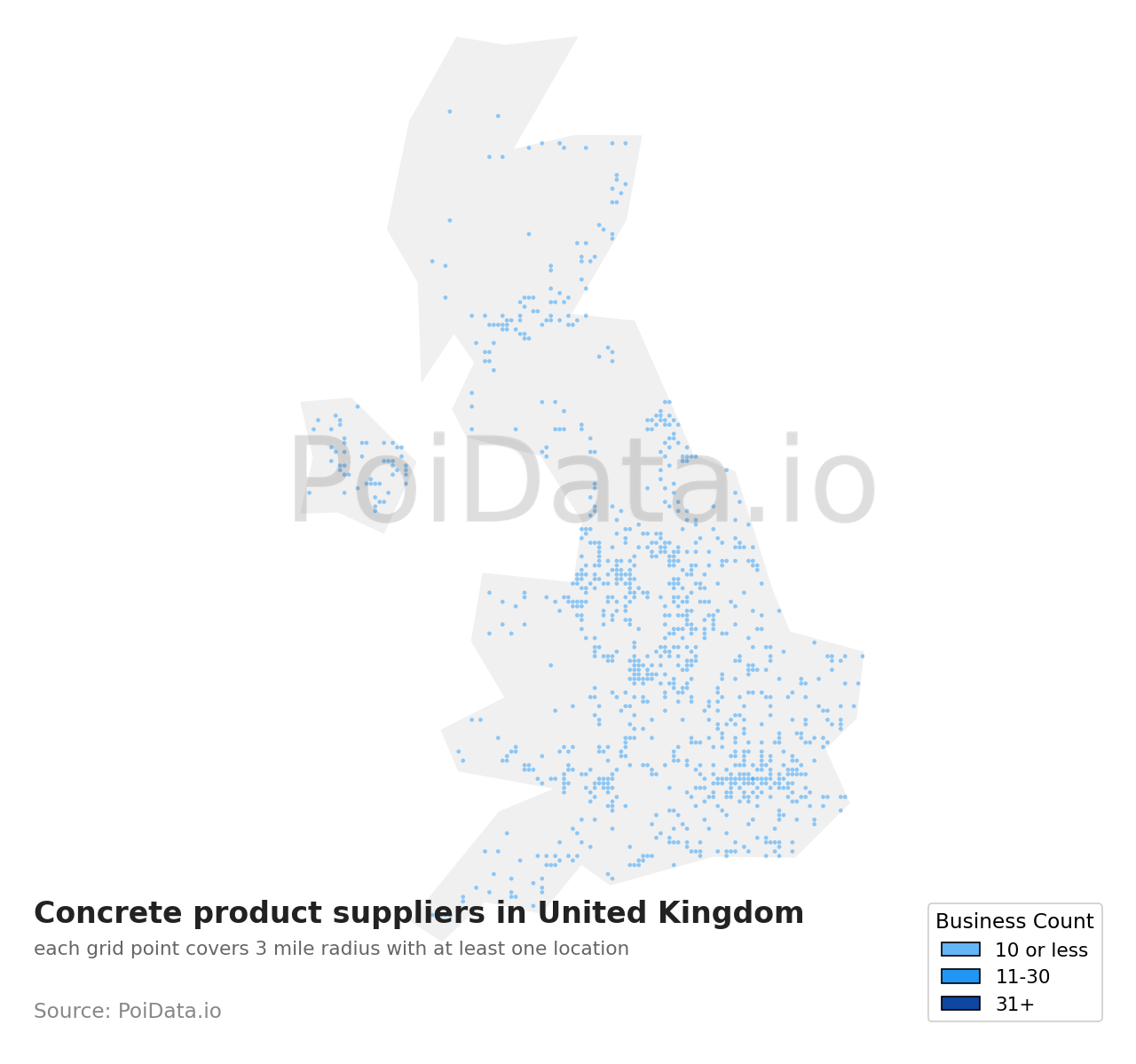 Concrete product supplier density map for United Kingdom