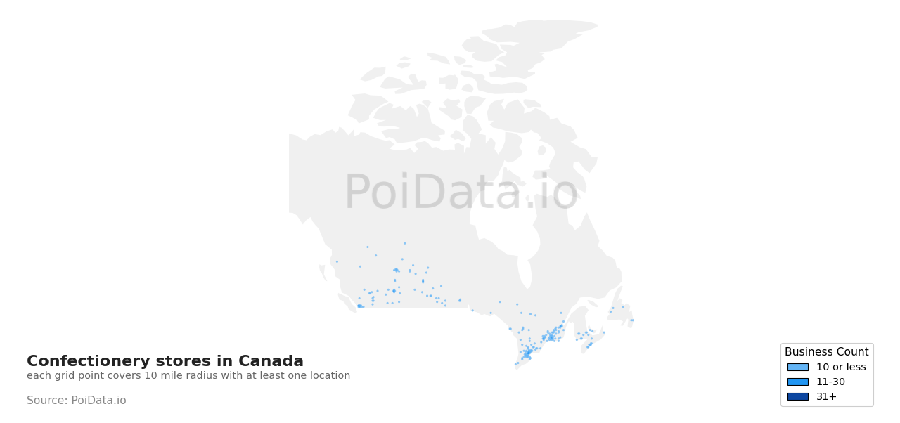 Confectionery store density map for Canada