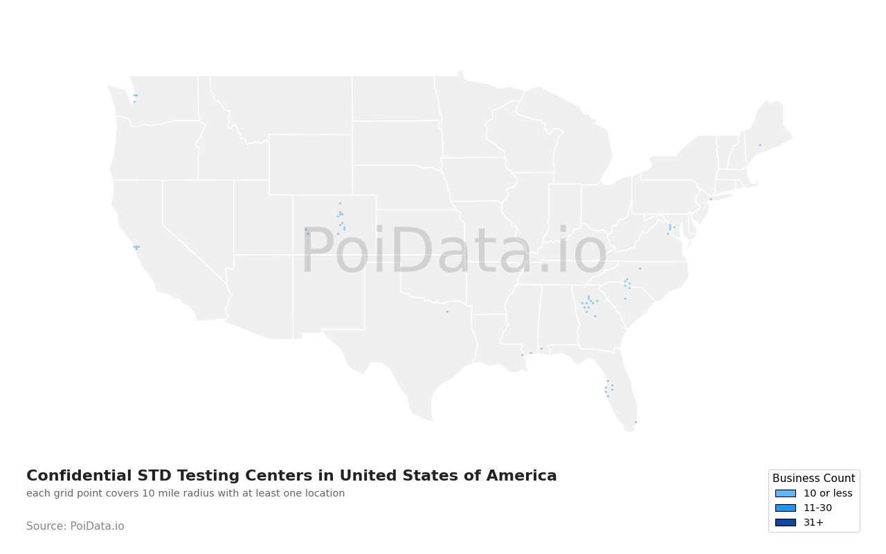 Confidential STD Testing Centers density map for United States