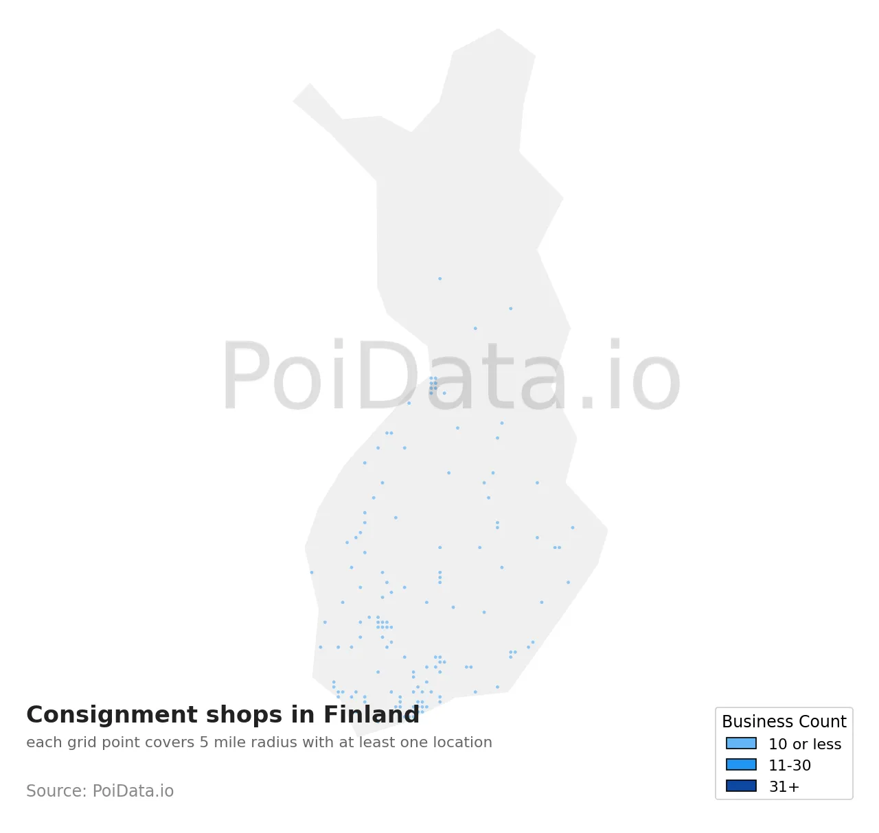 Consignment shop density map for Finland