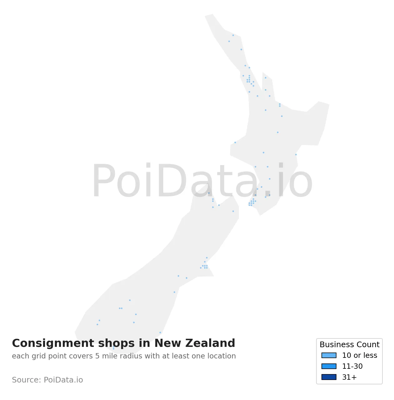 Consignment shop density map for New Zealand