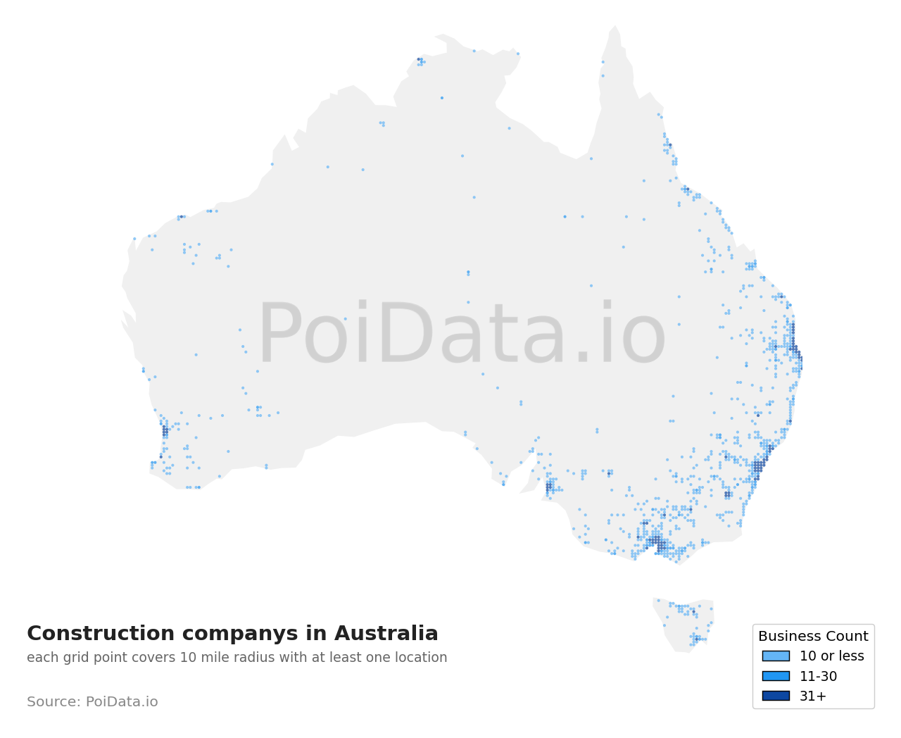 Construction company density map for Australia
