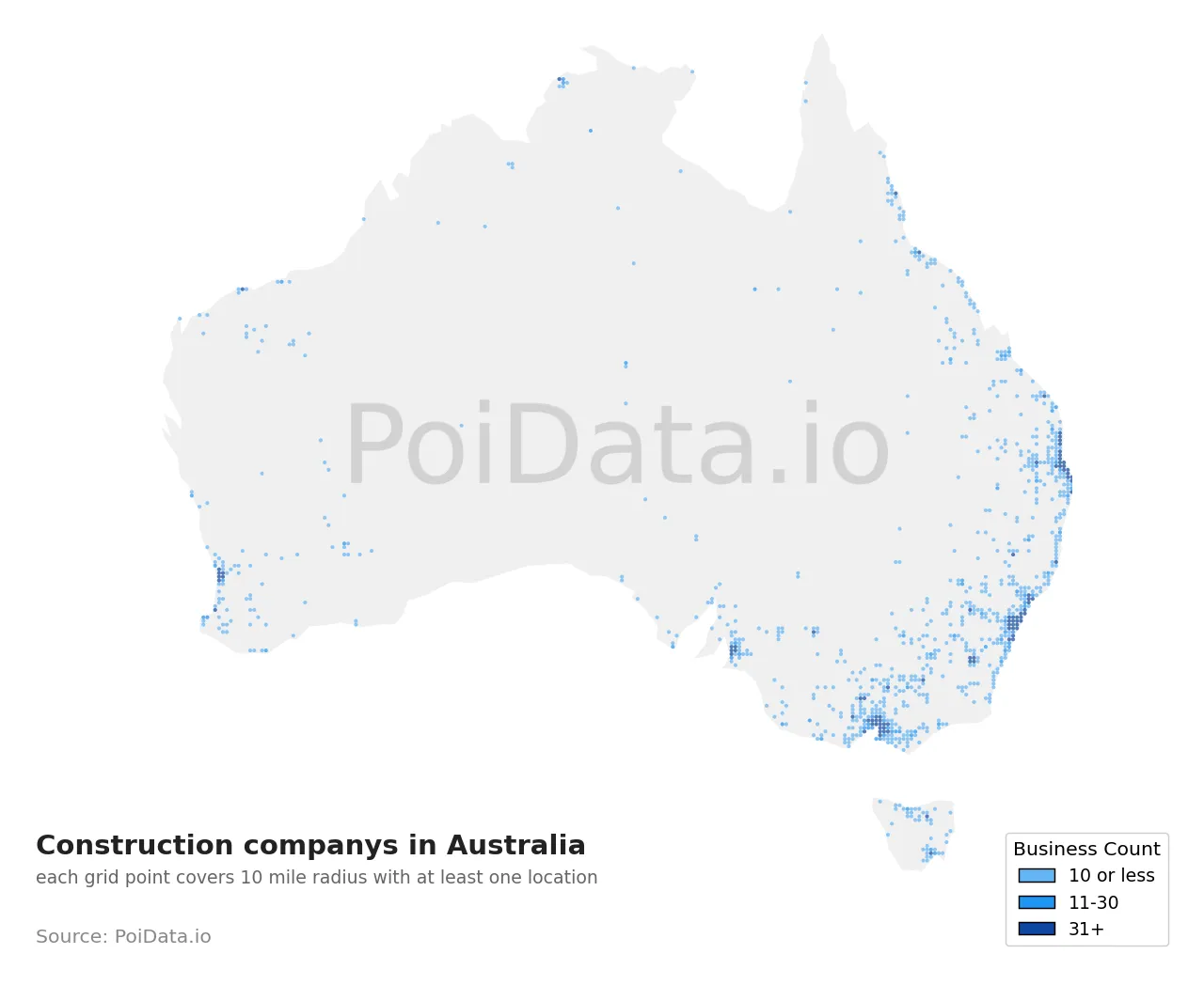 Construction company density map for Australia