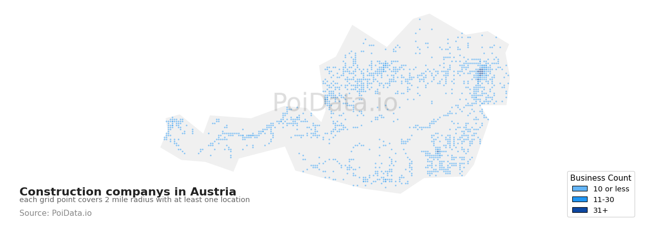 Construction company density map for Austria