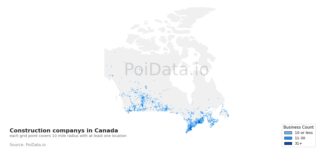 Construction company density map for Canada