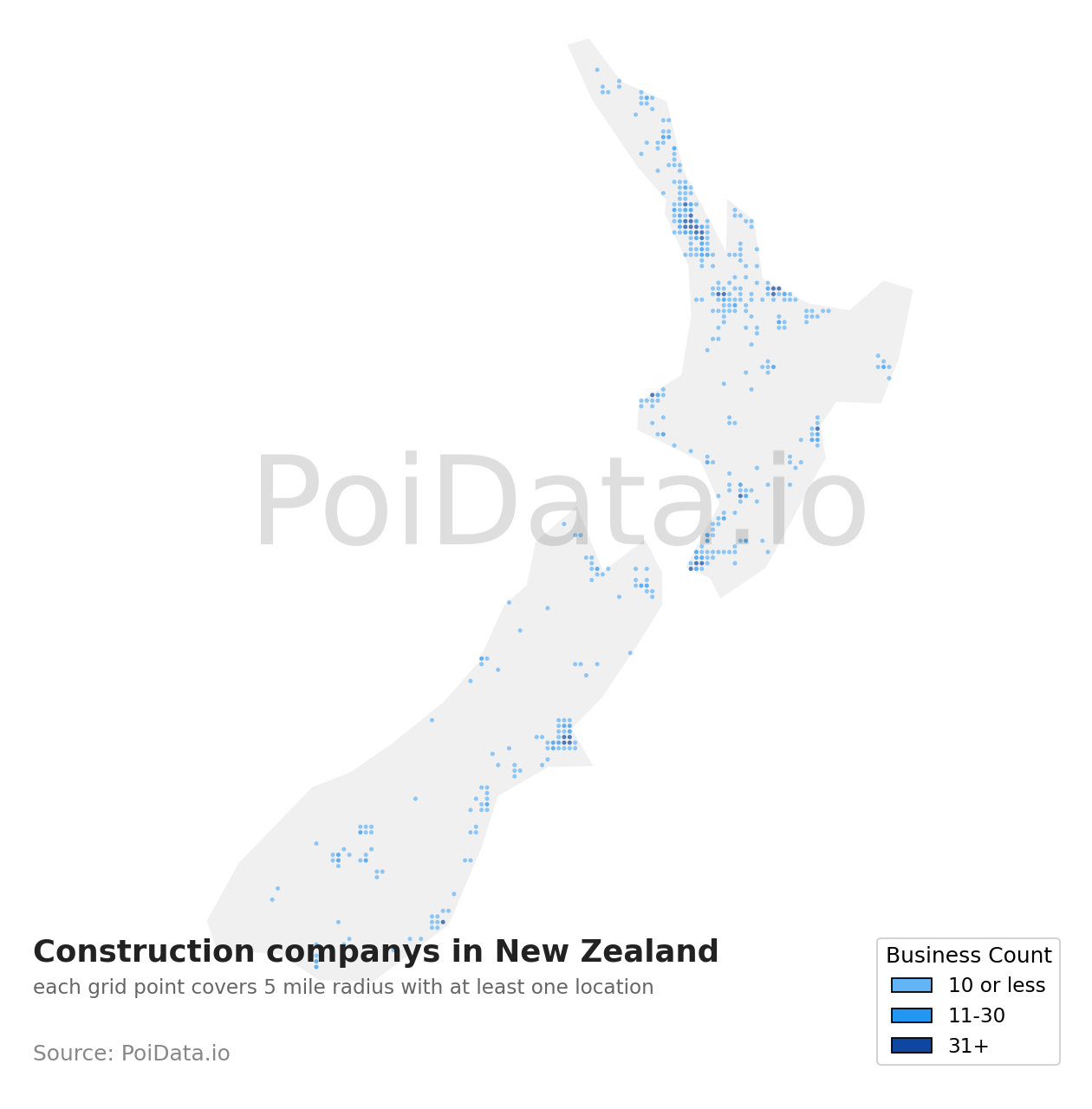 Construction company density map for New Zealand