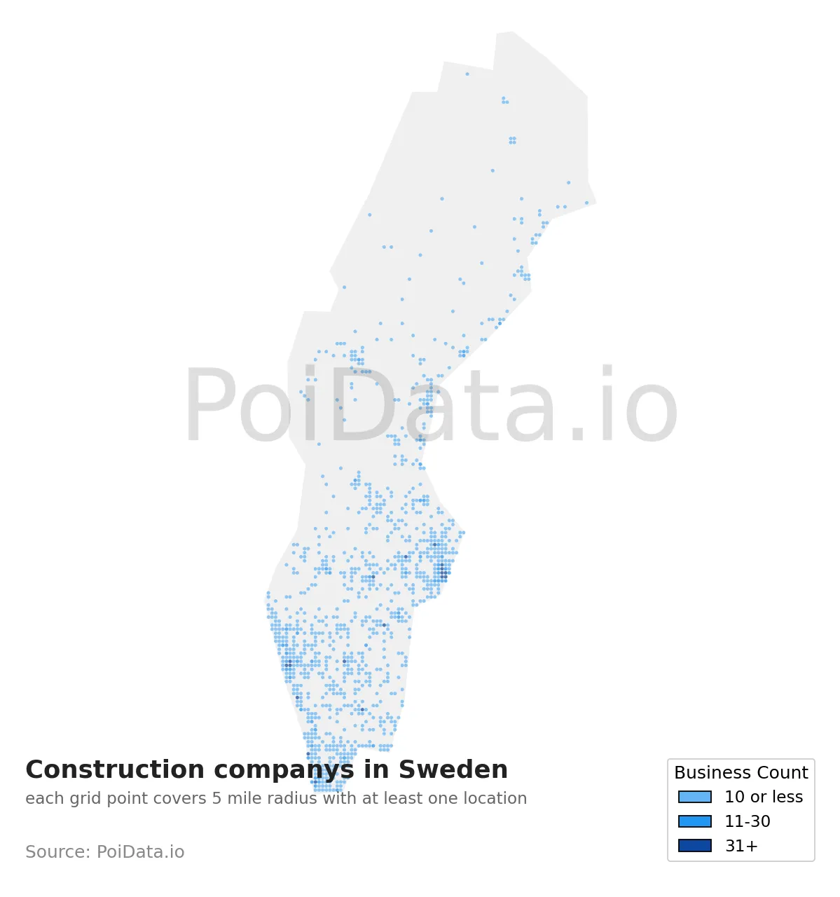 Construction company density map for Sweden