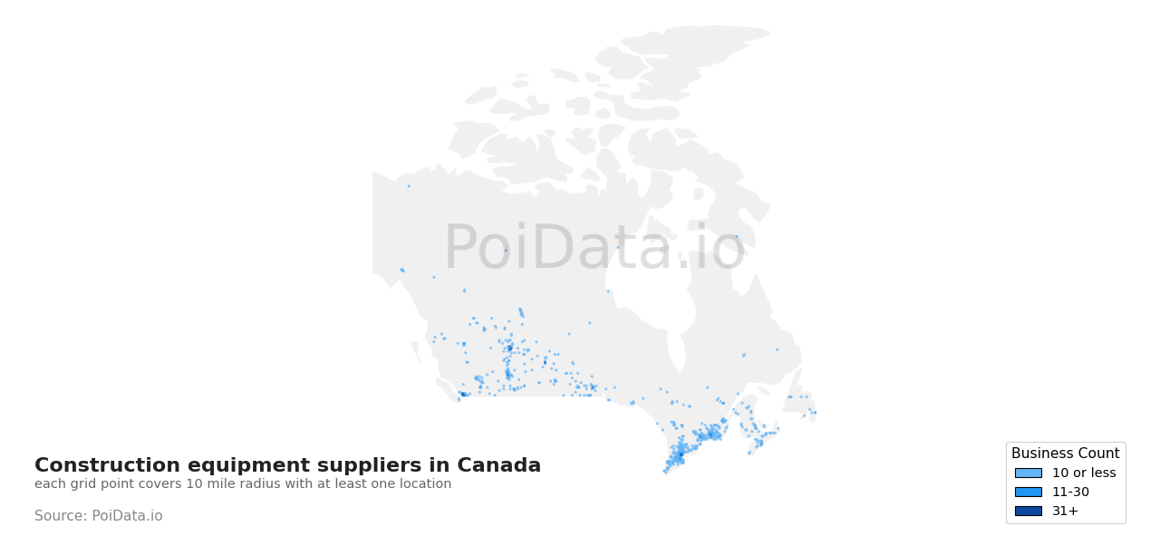 Construction equipment supplier density map for Canada