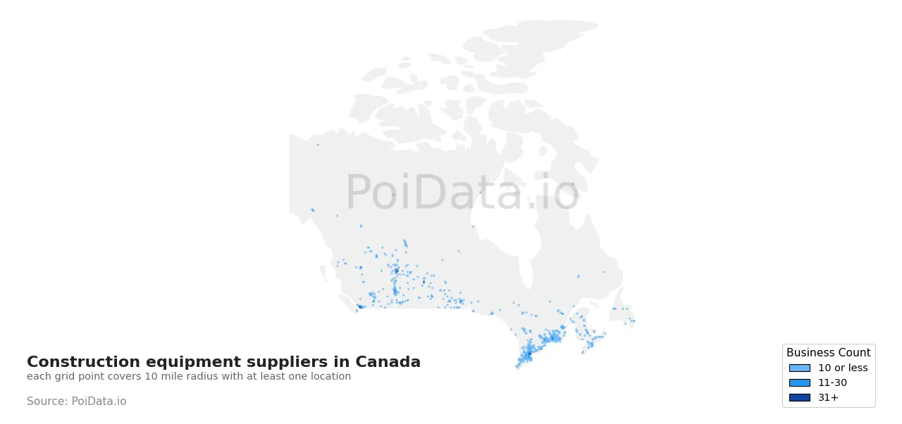Construction equipment supplier density map for Canada