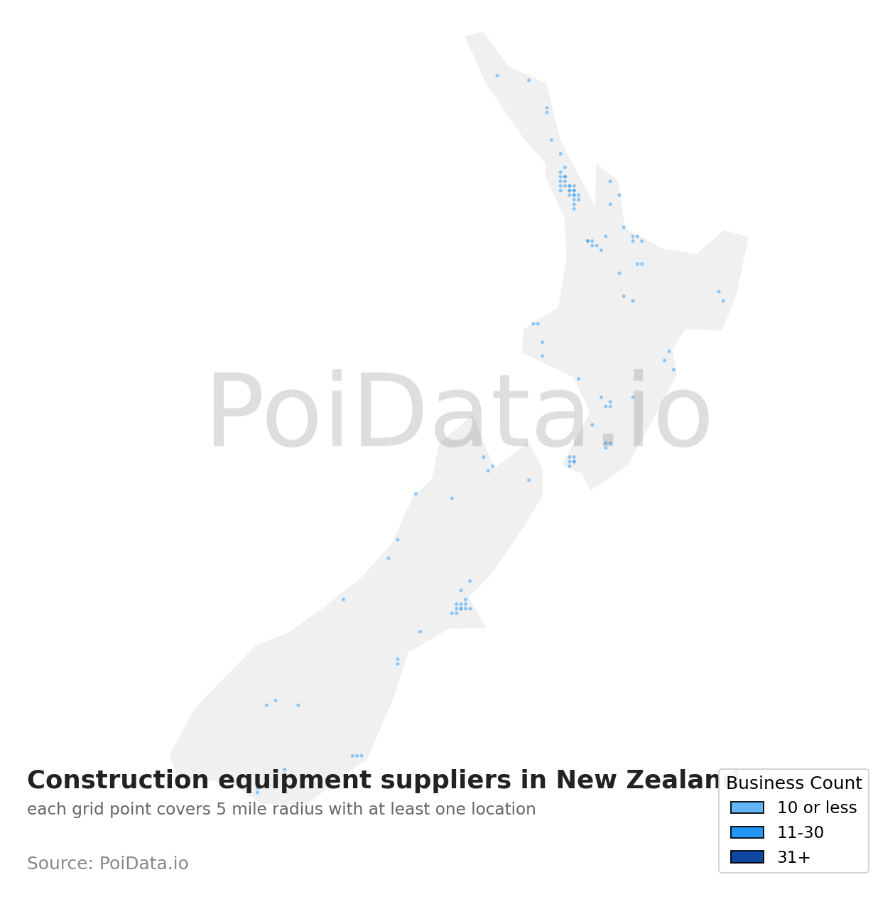 Construction equipment supplier density map for New Zealand