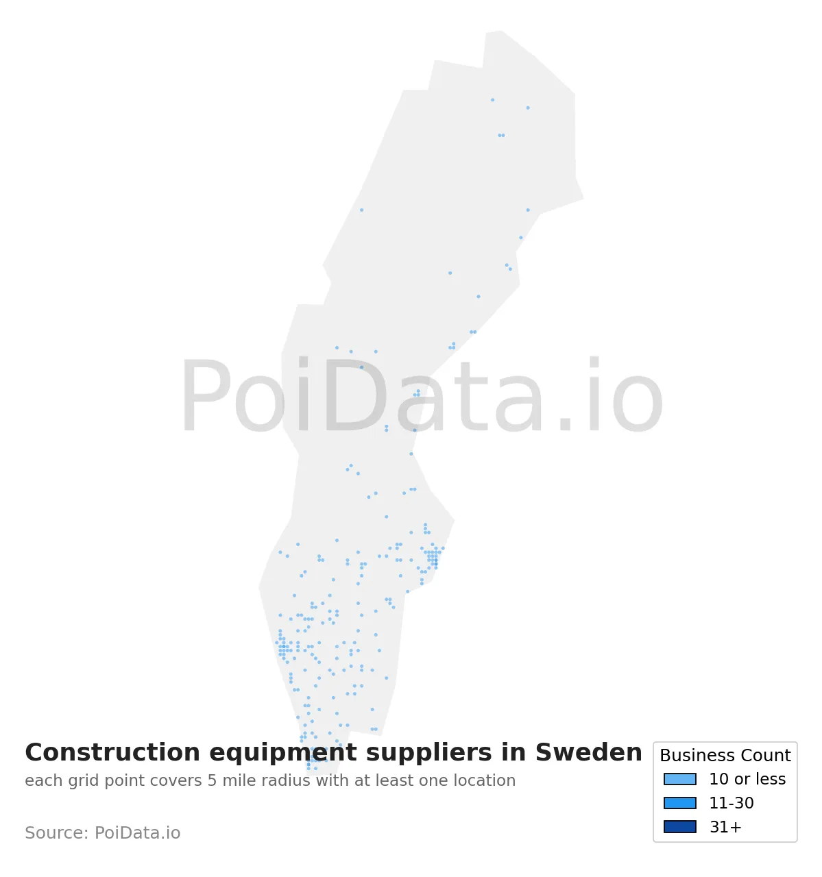 Construction equipment supplier density map for Sweden