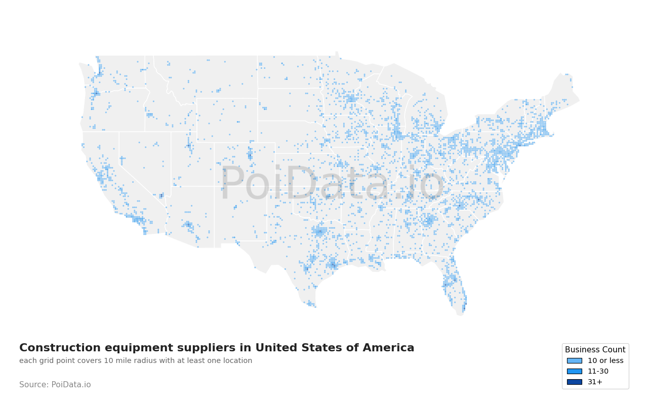 Construction equipment supplier density map for Maryland, United States
