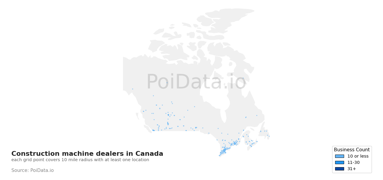 Construction machine dealer density map for British Columbia, Canada
