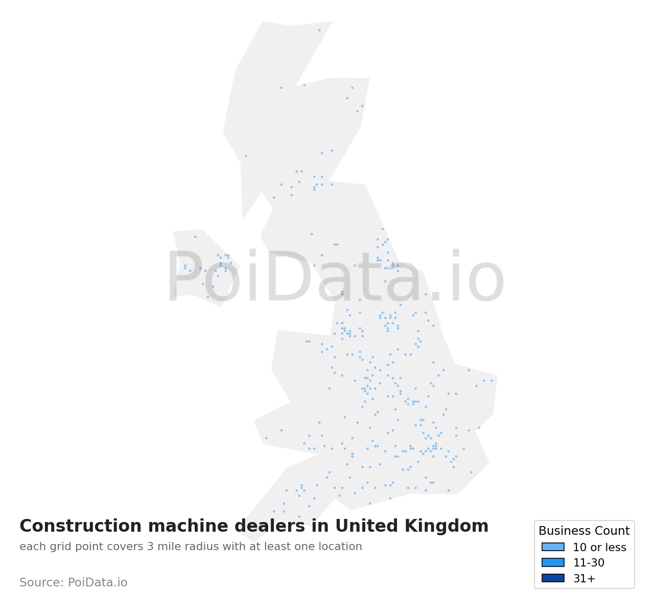 Construction machine dealer density map for United Kingdom