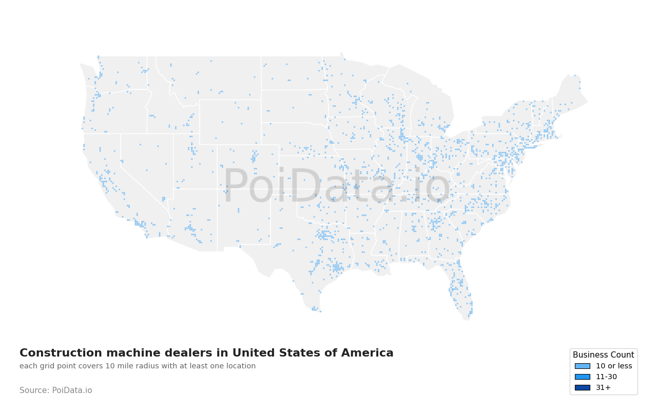 Construction machine dealer density map for Maryland, United States