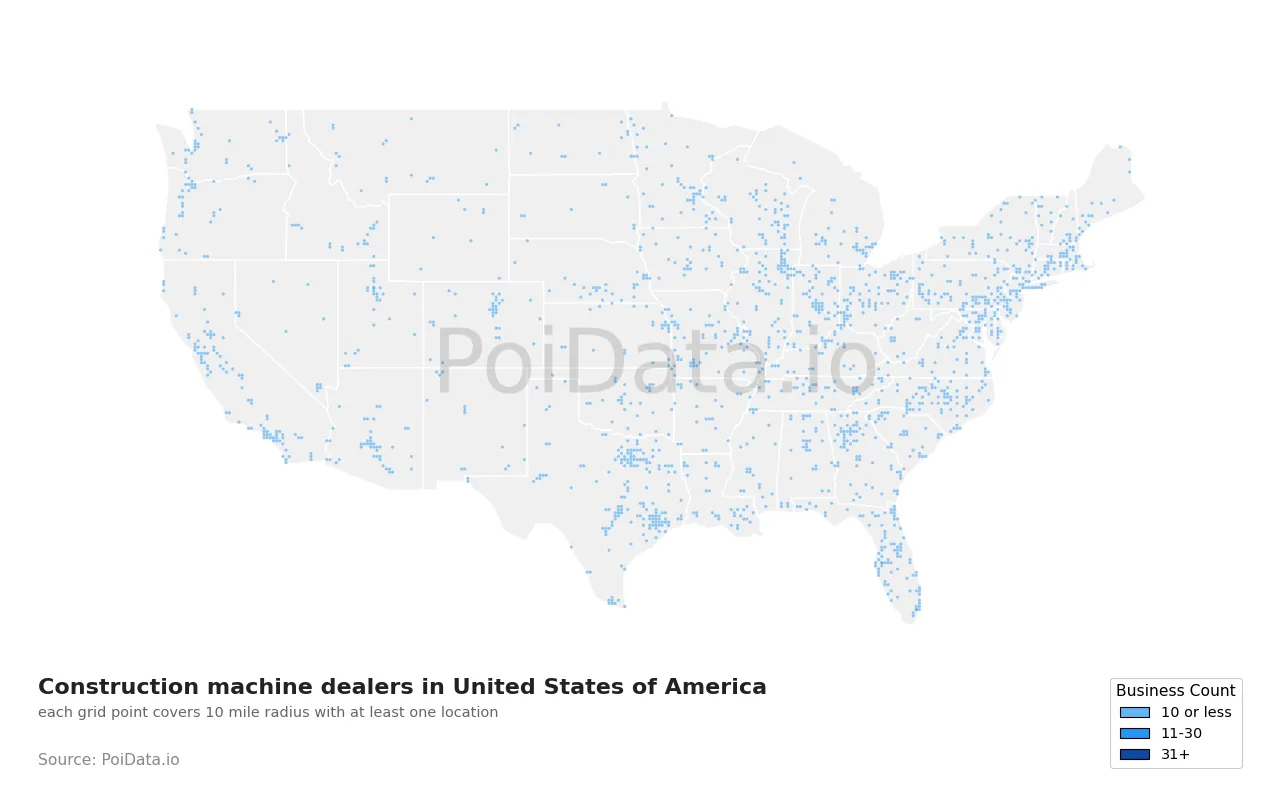 Construction machine dealer density map for United States