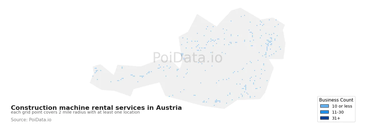 Construction machine rental service density map for Austria